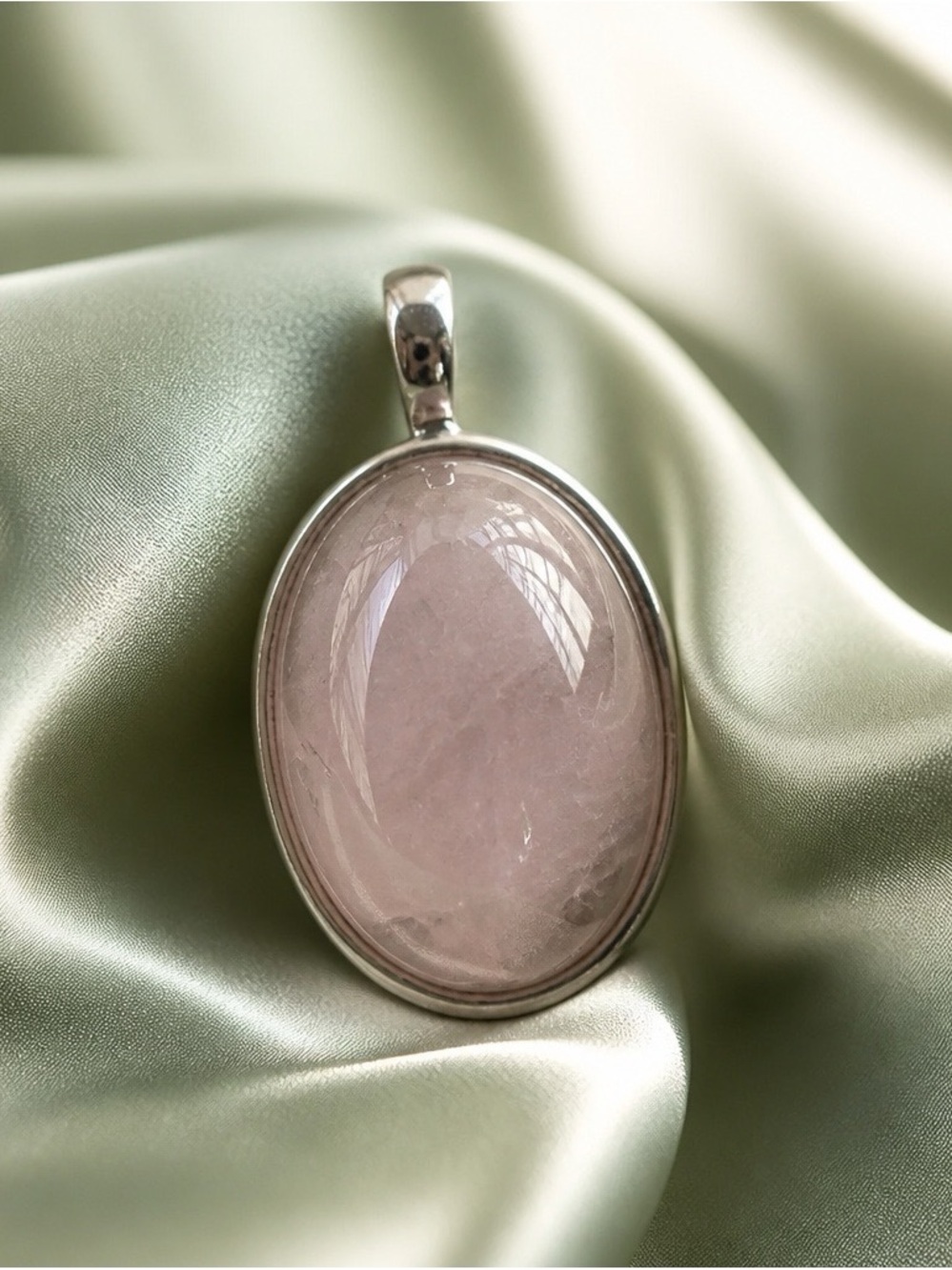 Rose Quartz Oval Pendant Necklace in Pink with Silver Bezel